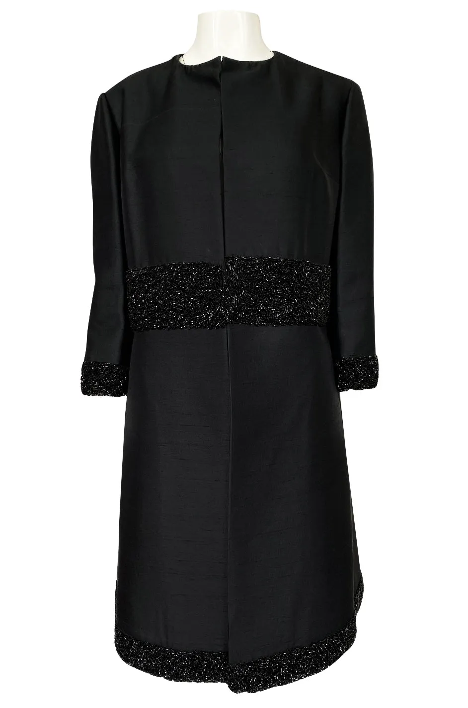 1950s Black Silk Evening Coat w Heavy Beading at the Hem, Cuffs & Waist