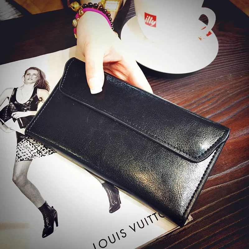 2024 New Hotan and Newn Famous Long Wallet Women's Leather Buckle Simple Business Cowhide Thin Wallet Card Fashion