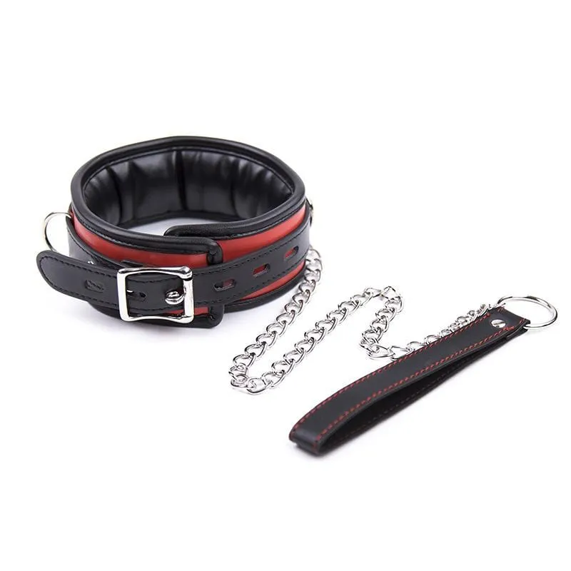 2503MQ      Locking Padded and Lined Black and Red Bondage Collar with Leash Set - MEGA Deal