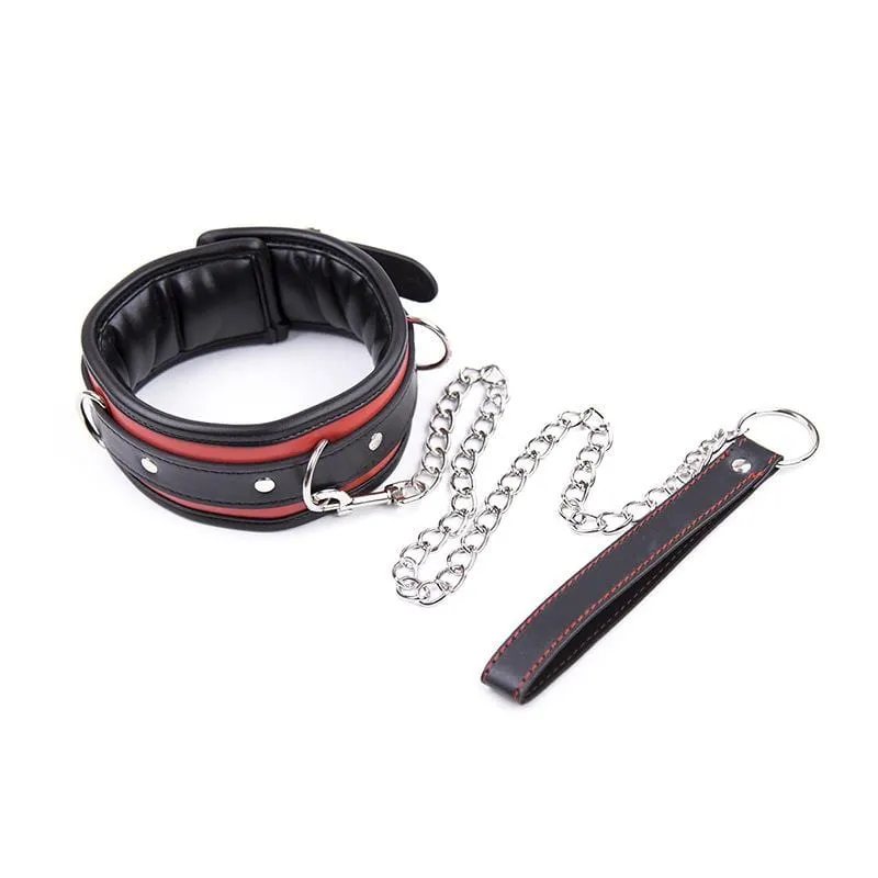 2503MQ      Locking Padded and Lined Black and Red Bondage Collar with Leash Set - MEGA Deal