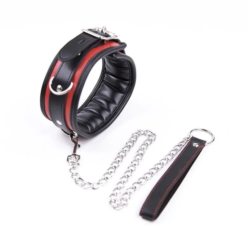 2503MQ      Locking Padded and Lined Black and Red Bondage Collar with Leash Set - MEGA Deal