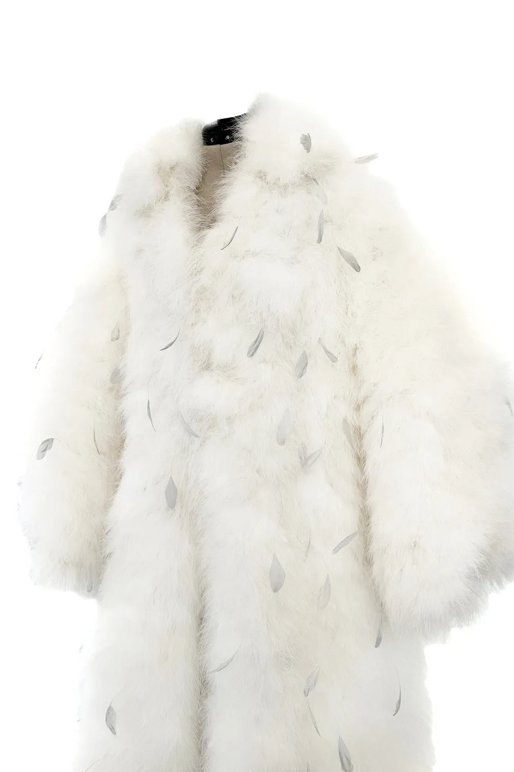 Amazing Vintage Unlabeled Full Length White Fluffy Feather Coat w Extra Wide Bell Sleeves