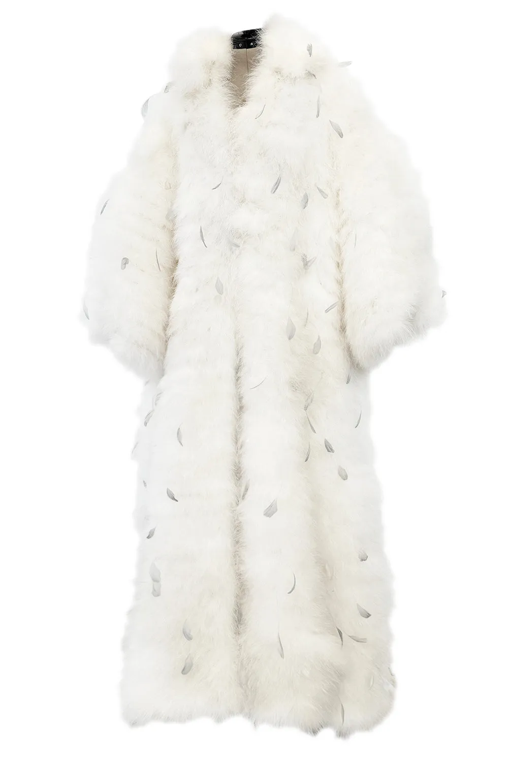 Amazing Vintage Unlabeled Full Length White Fluffy Feather Coat w Extra Wide Bell Sleeves