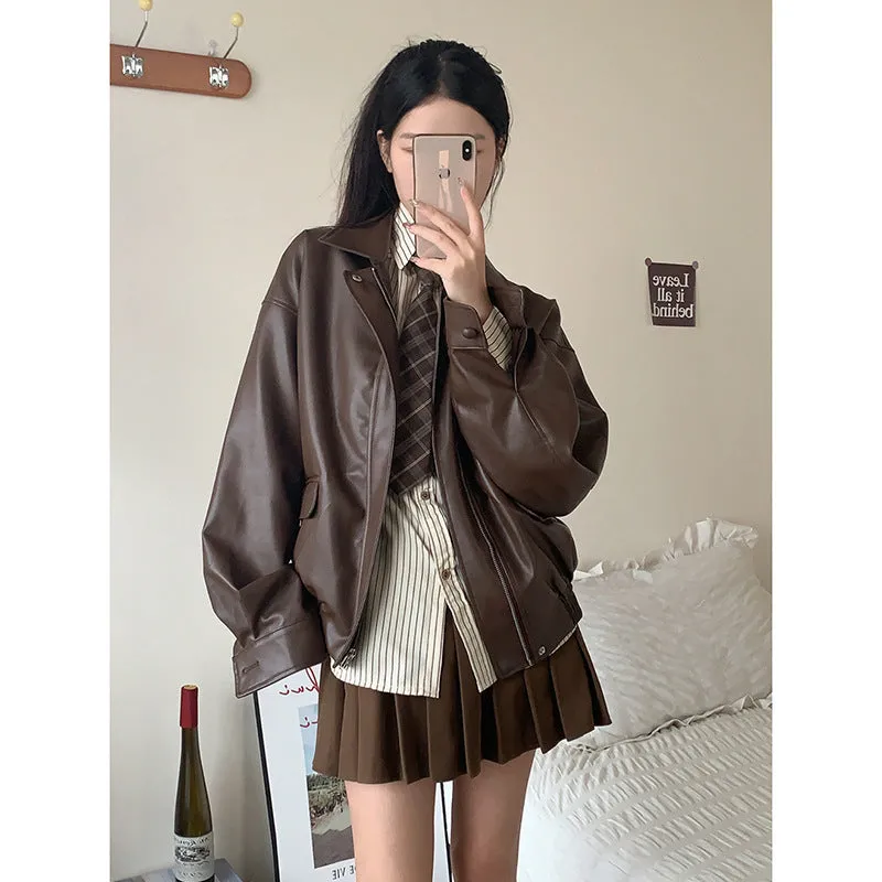 Amozae fall outfits 2024 Maillard Leather Jacket Women's Men's and Women's Same Spring and Autumn Small Brown American Retro Motorcycle Short Leather Jacket