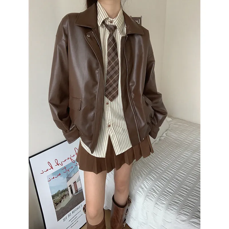 Amozae fall outfits 2024 Maillard Leather Jacket Women's Men's and Women's Same Spring and Autumn Small Brown American Retro Motorcycle Short Leather Jacket