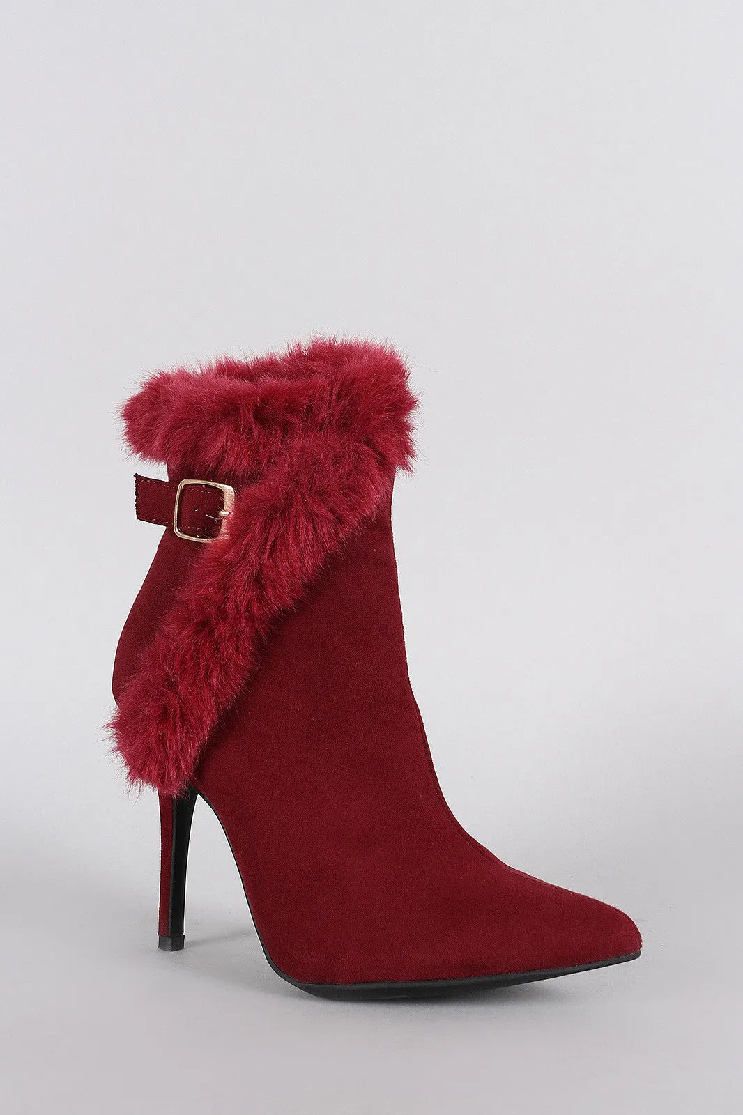 Anne Michelle Buckle Faux Fur Collar Pointy Toe Stiletto Ankle Boots