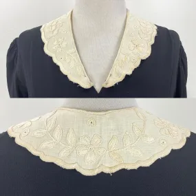 Antique Edwardian Cream Linen Floral Embroidered Collar & Matching Cuffs Set