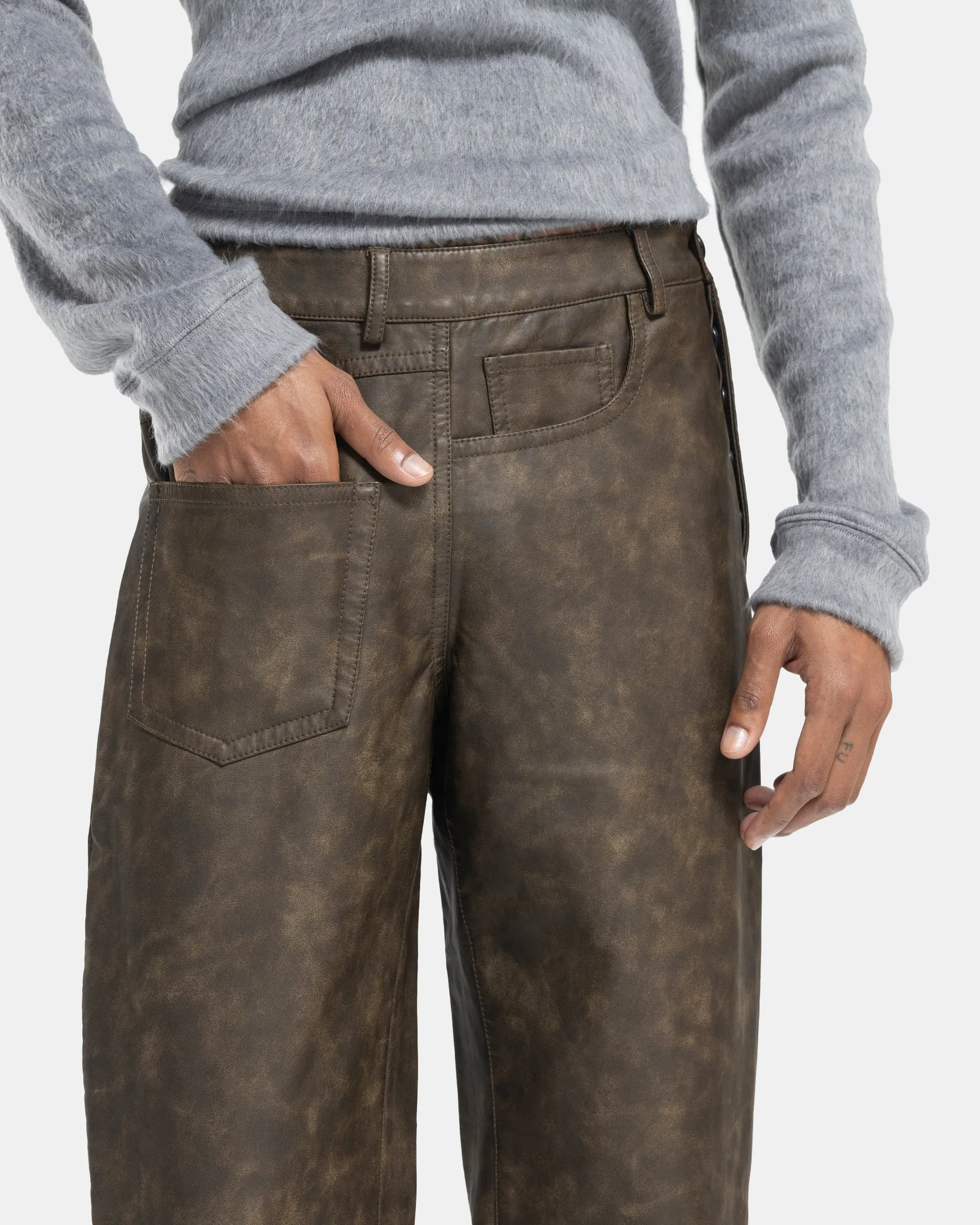 Asymmetric Washed Leather Pants in Dark Brown