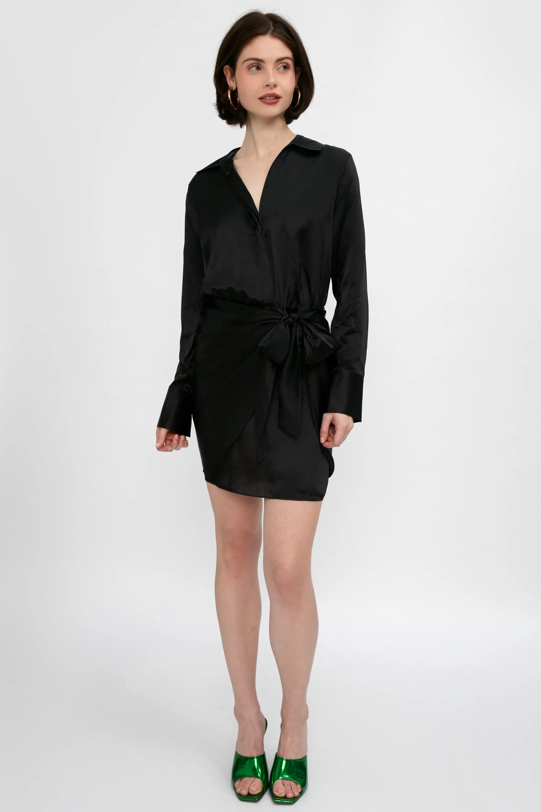 Atlas Silk Satin Wrap Effect Dress in Black