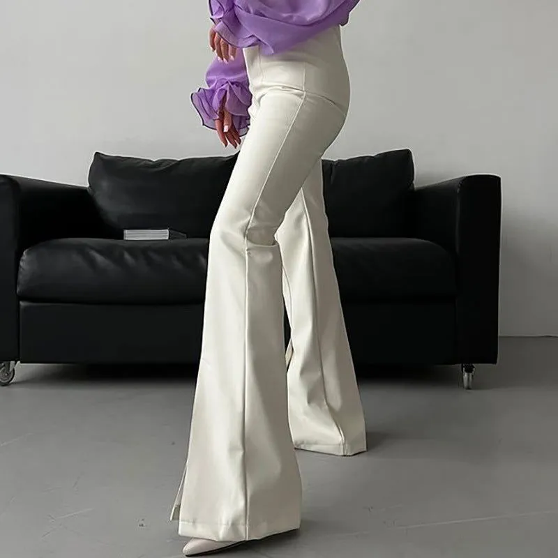 Autumn Winter Faux Leather White Stitching Slit Sexy Tight Slightly Flared Leather Pants Women Agent