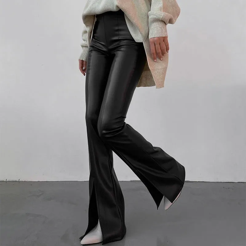 Autumn Winter Faux Leather White Stitching Slit Sexy Tight Slightly Flared Leather Pants Women Agent