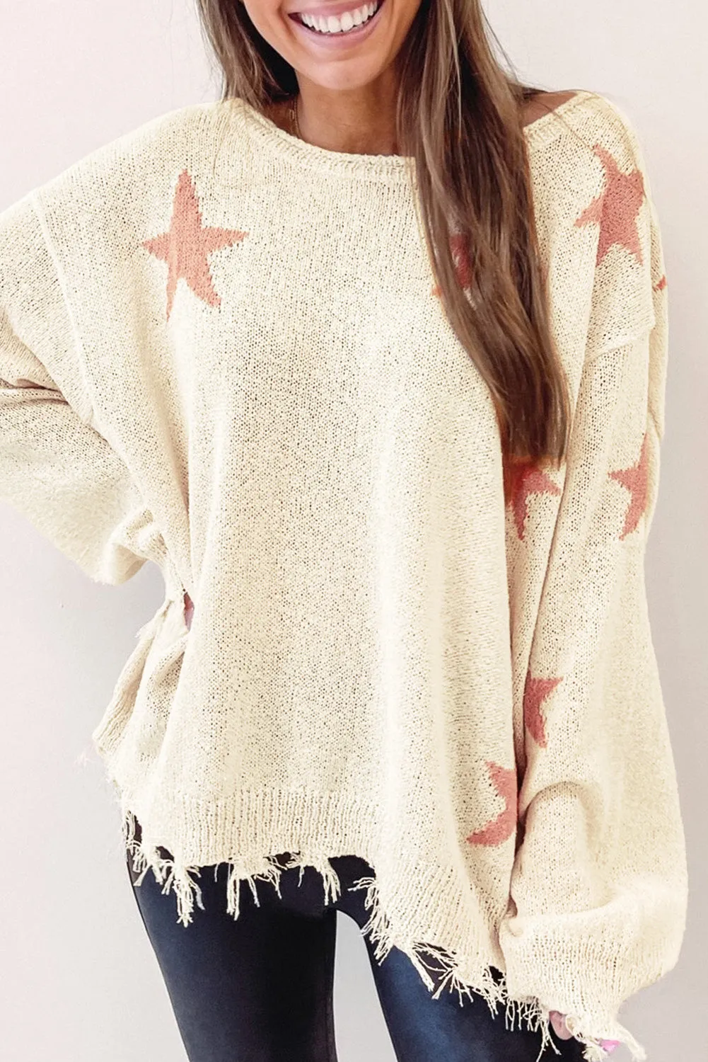 Beige Starry Long Sleeve Raw Hem Sweater