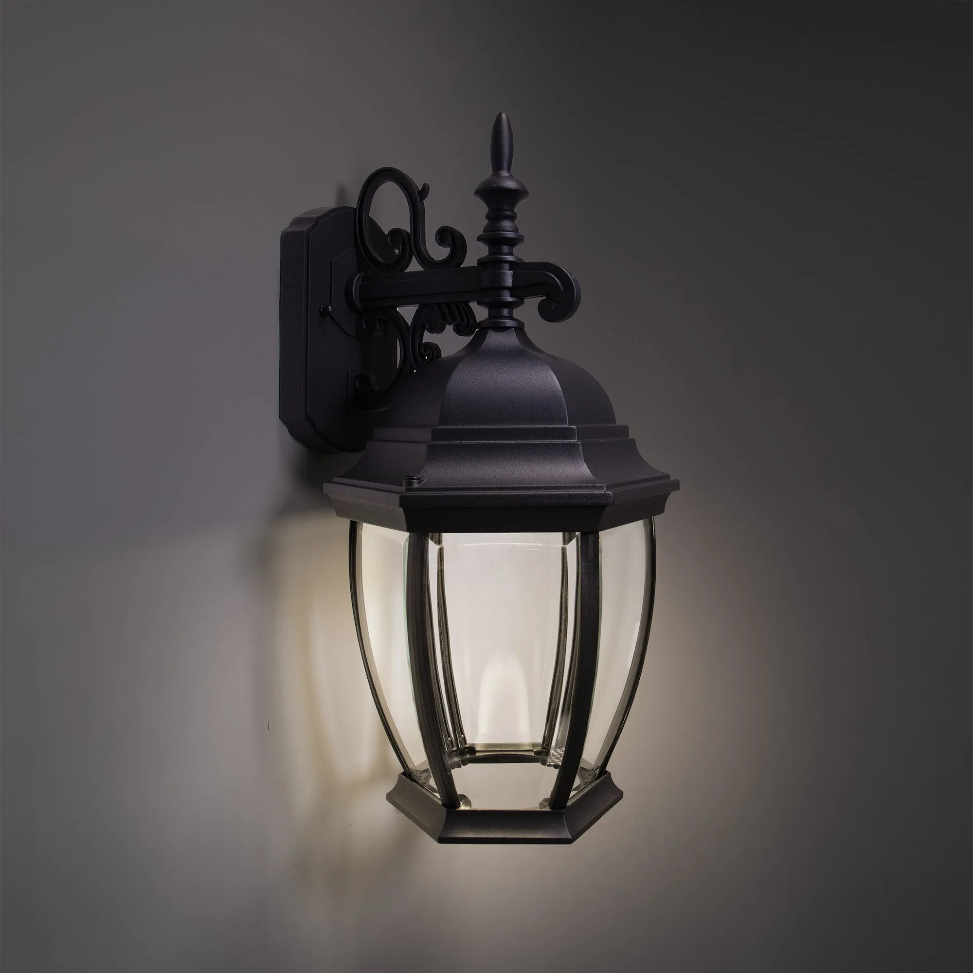 Bent Glass Integrated LED Wall Lantern, 1000 Lumens, 3K, Wet Location, Black Finish with Clear Glass