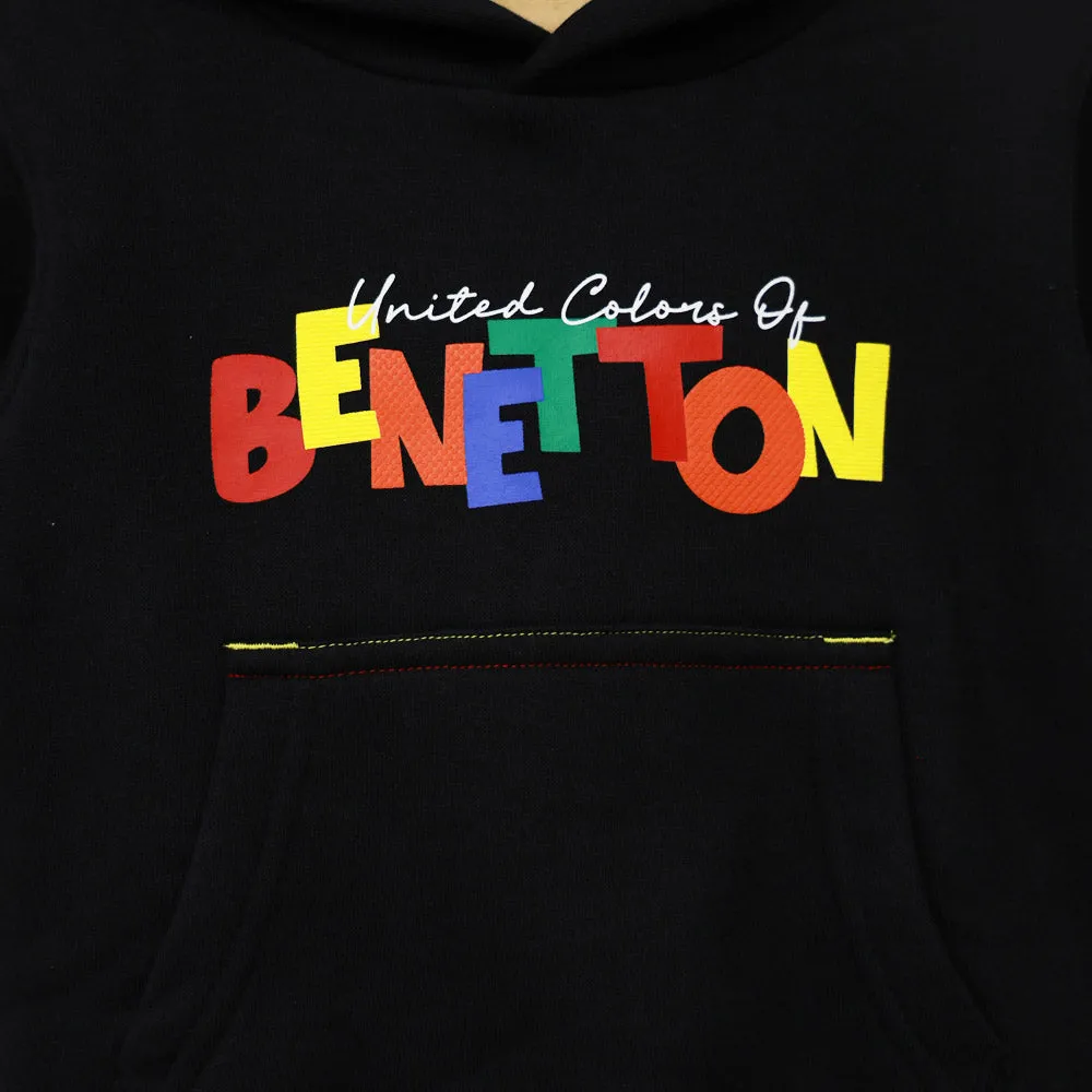 Black Benetton Printed Hooded Sweatshirt