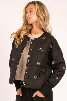 Black Embroidered Floral Puffer Jacket