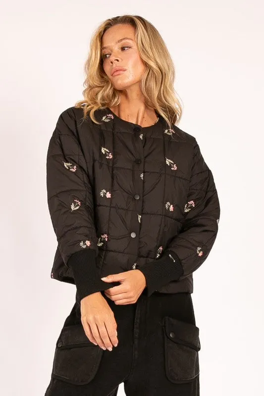 Black Embroidered Floral Puffer Jacket