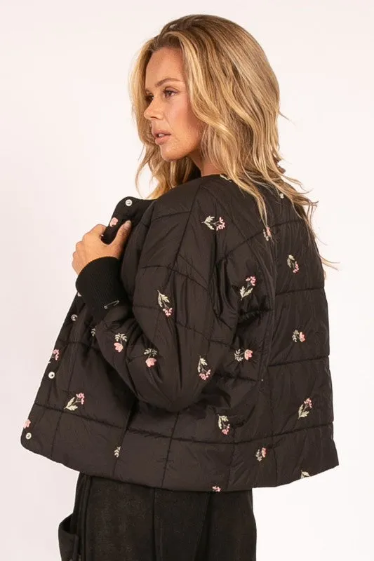 Black Embroidered Floral Puffer Jacket