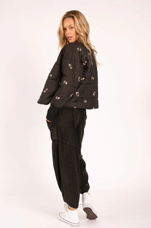 Black Embroidered Floral Puffer Jacket