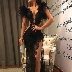 Black Evening Dresses Luxurious Feather Plunging V Neck Vintage Lace Arabic Prom Gowns  Sexy High Side Slit Mermaid Formal Party Wear Plus Size Vestidos AL9140