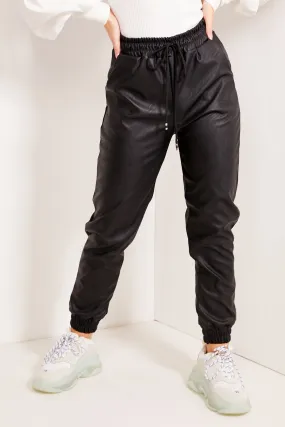 Black Faux Leather PU Joggers