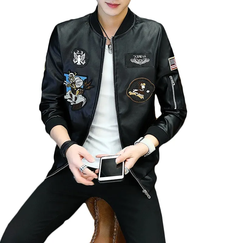 Black Faux Leather with Multi Patches Embroidery Men Jacket