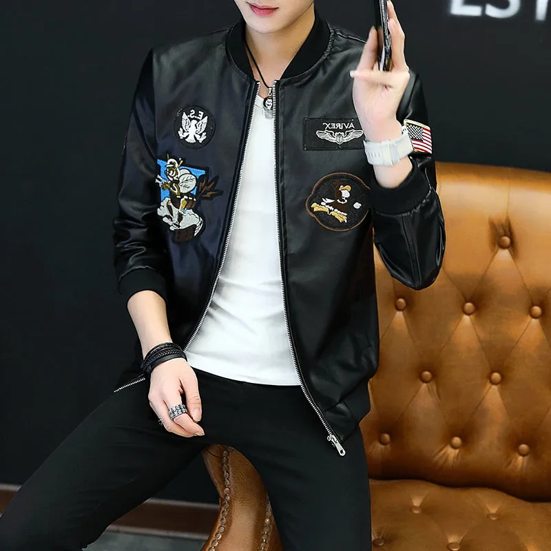 Black Faux Leather with Multi Patches Embroidery Men Jacket