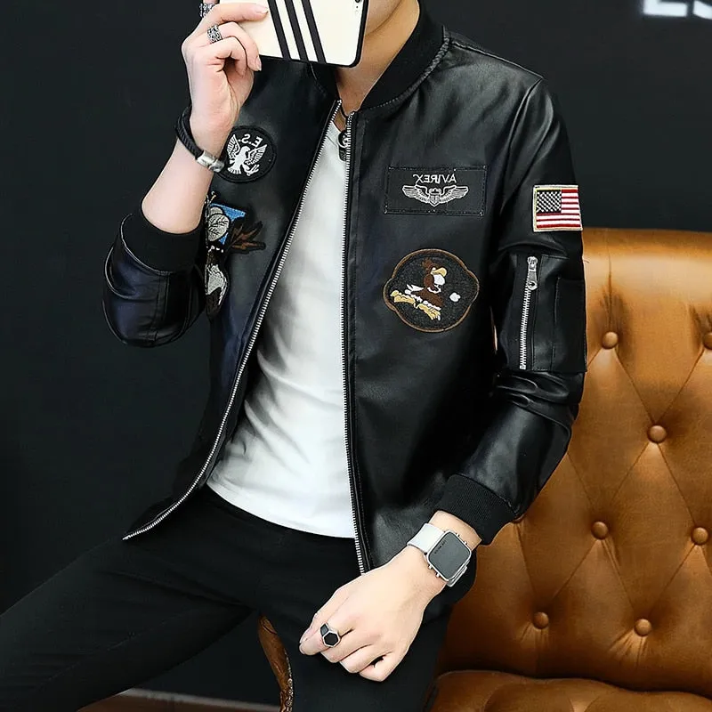 Black Faux Leather with Multi Patches Embroidery Men Jacket