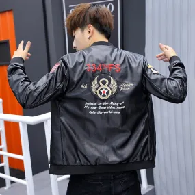 Black Faux Leather with Multi Patches Embroidery Men Jacket