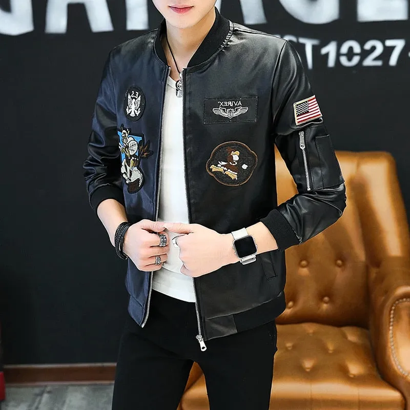 Black Faux Leather with Multi Patches Embroidery Men Jacket