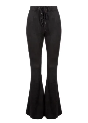 Black Faux Suede Lace Up Bell Bottom Flare Pants