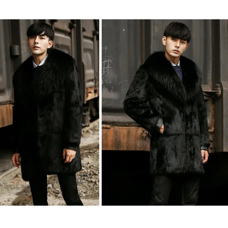 Black Med Natural Rex Rabbit Fur With Fox Fur Thick Collar