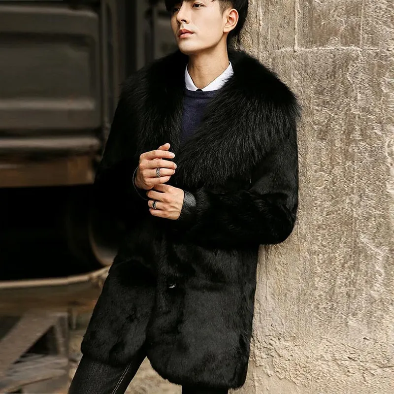 Black Med Natural Rex Rabbit Fur With Fox Fur Thick Collar