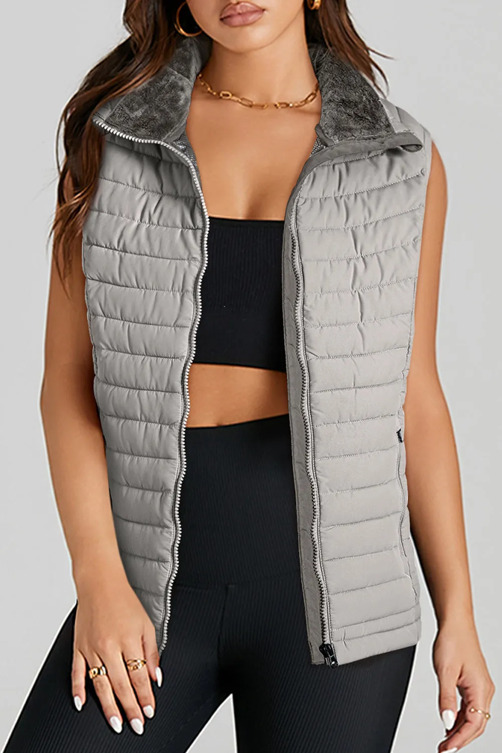 Black Plush Collared Quilted Zipped Puffer Vest