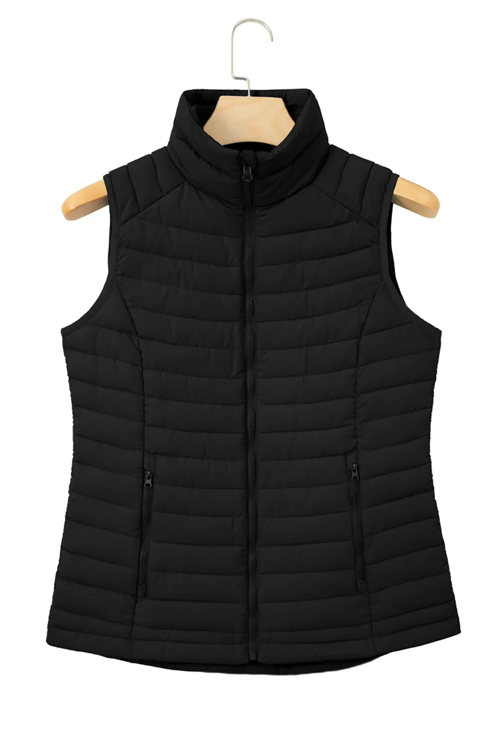 Black Plush Collared Quilted Zipped Puffer Vest