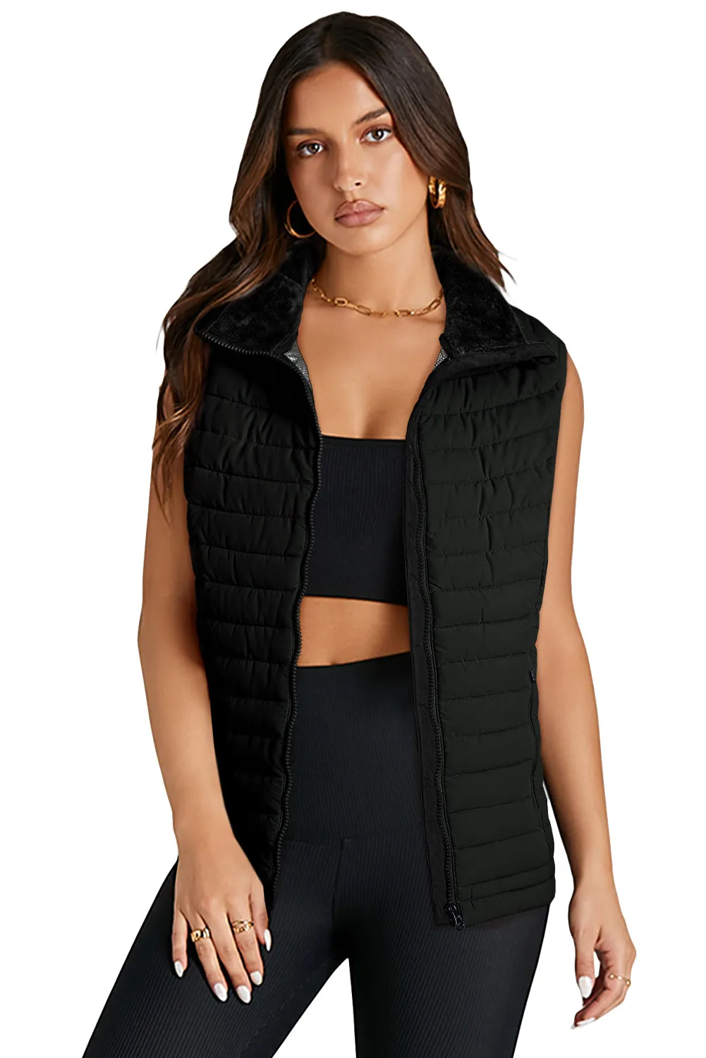 Black Plush Collared Quilted Zipped Puffer Vest