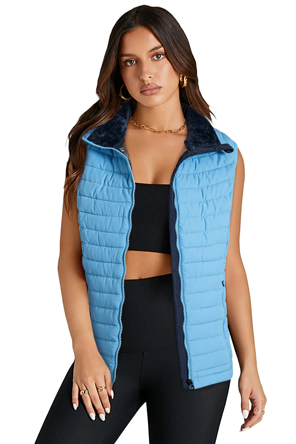 Black Plush Collared Quilted Zipped Puffer Vest