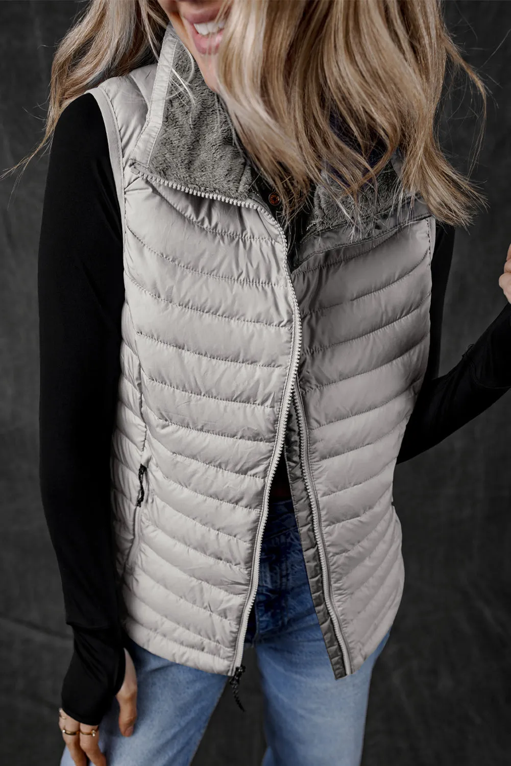 Black Plush Collared Quilted Zipped Puffer Vest