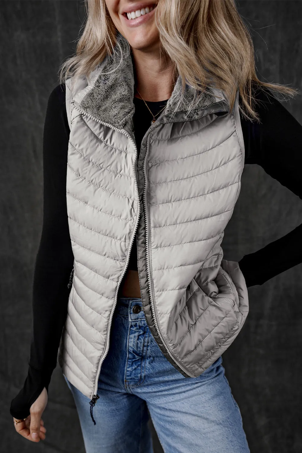 Black Plush Collared Quilted Zipped Puffer Vest