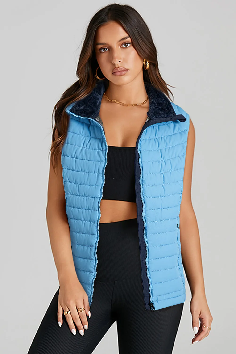 Black Plush Collared Quilted Zipped Puffer Vest