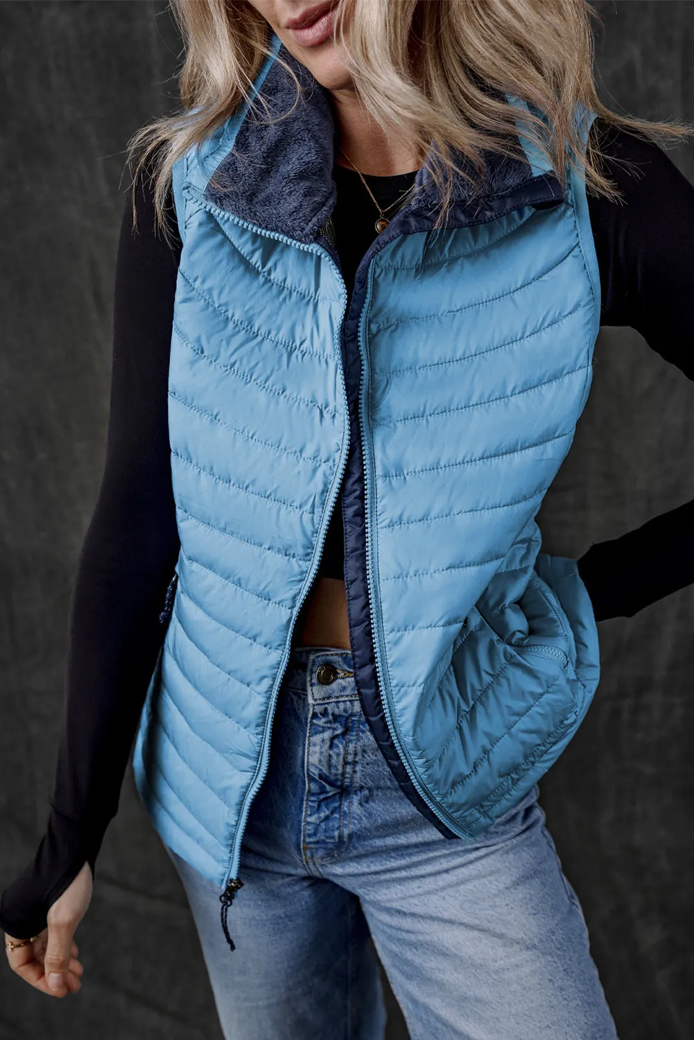 Black Plush Collared Quilted Zipped Puffer Vest