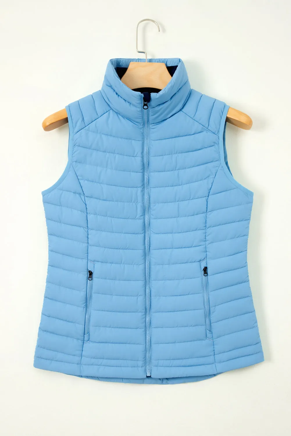 Black Plush Collared Quilted Zipped Puffer Vest