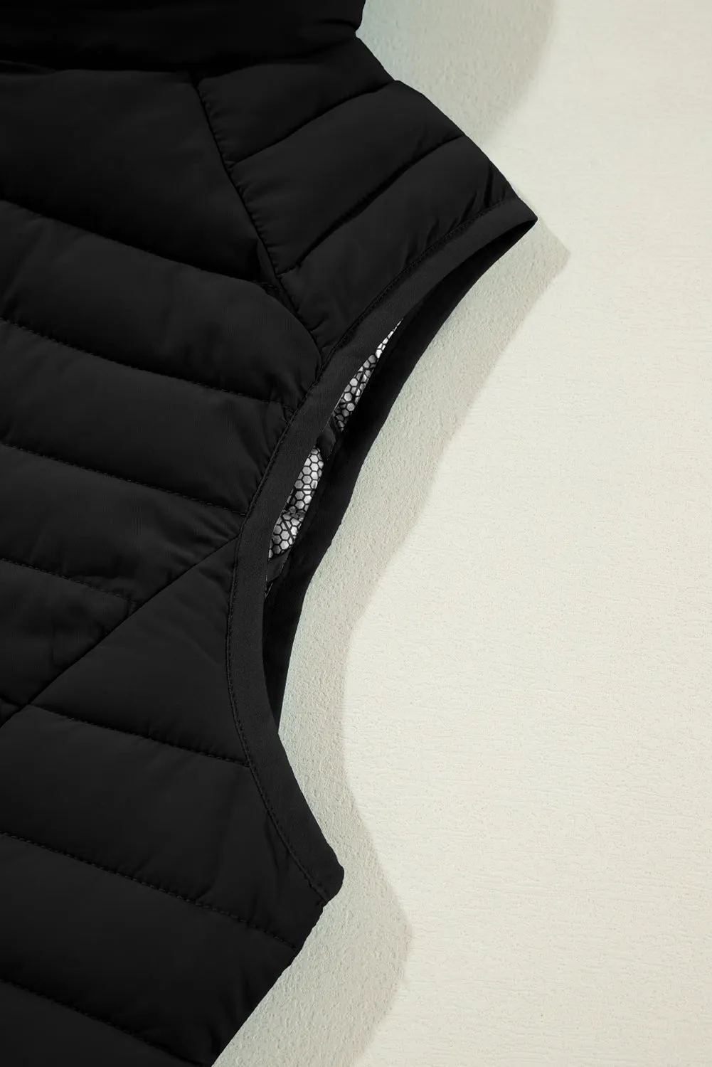 Black Plush Collared Quilted Zipped Puffer Vest