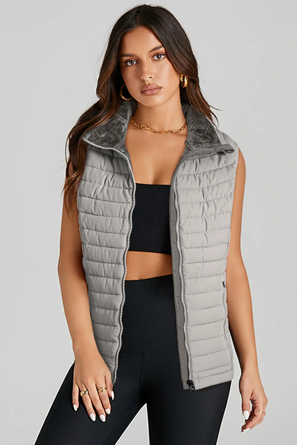 Black Plush Collared Quilted Zipped Puffer Vest