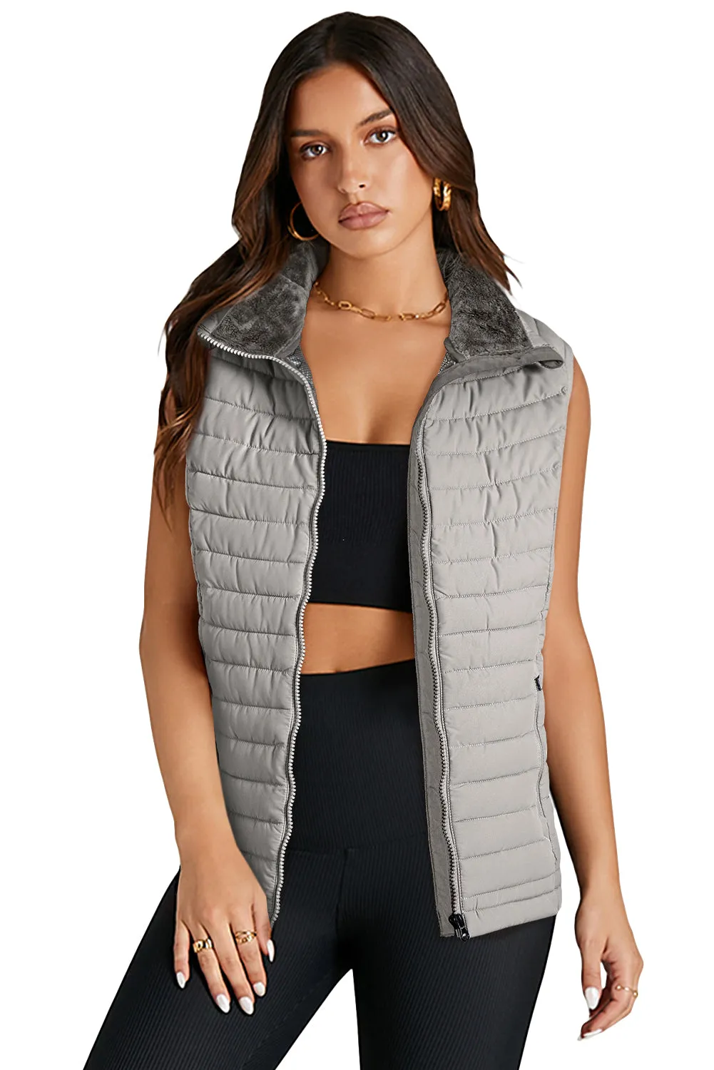 Black Plush Collared Quilted Zipped Puffer Vest