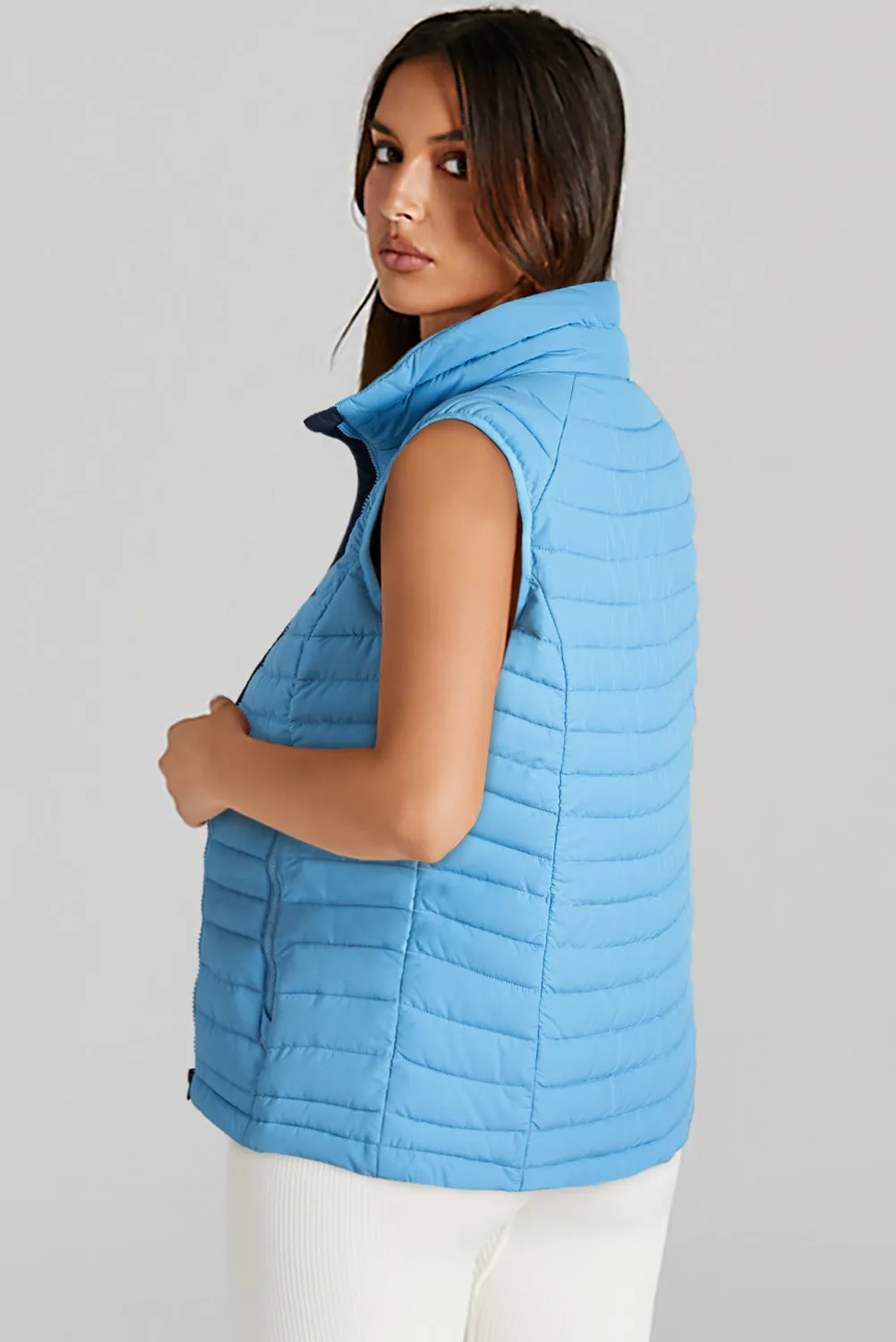 Black Plush Collared Quilted Zipped Puffer Vest