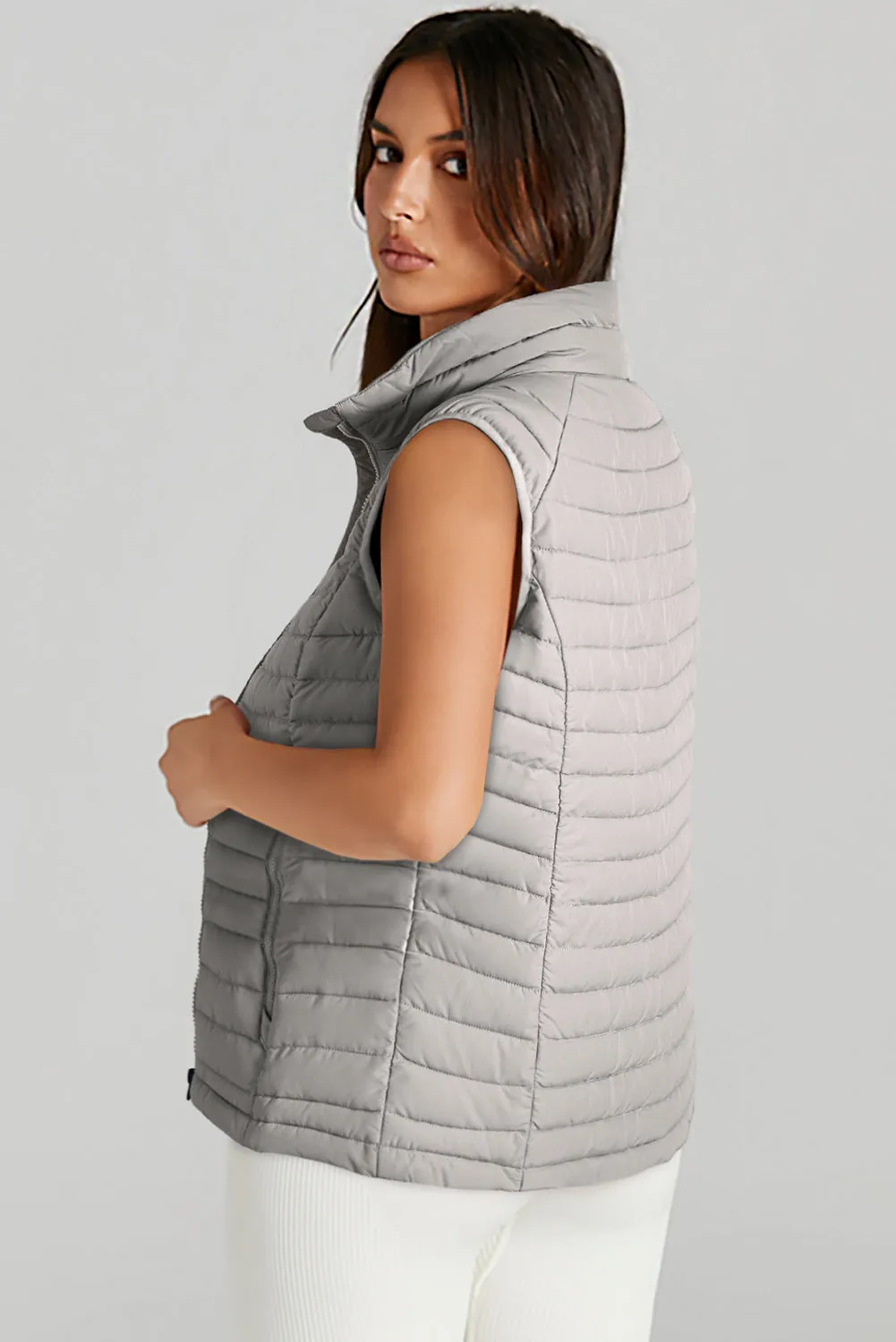 Black Plush Collared Quilted Zipped Puffer Vest