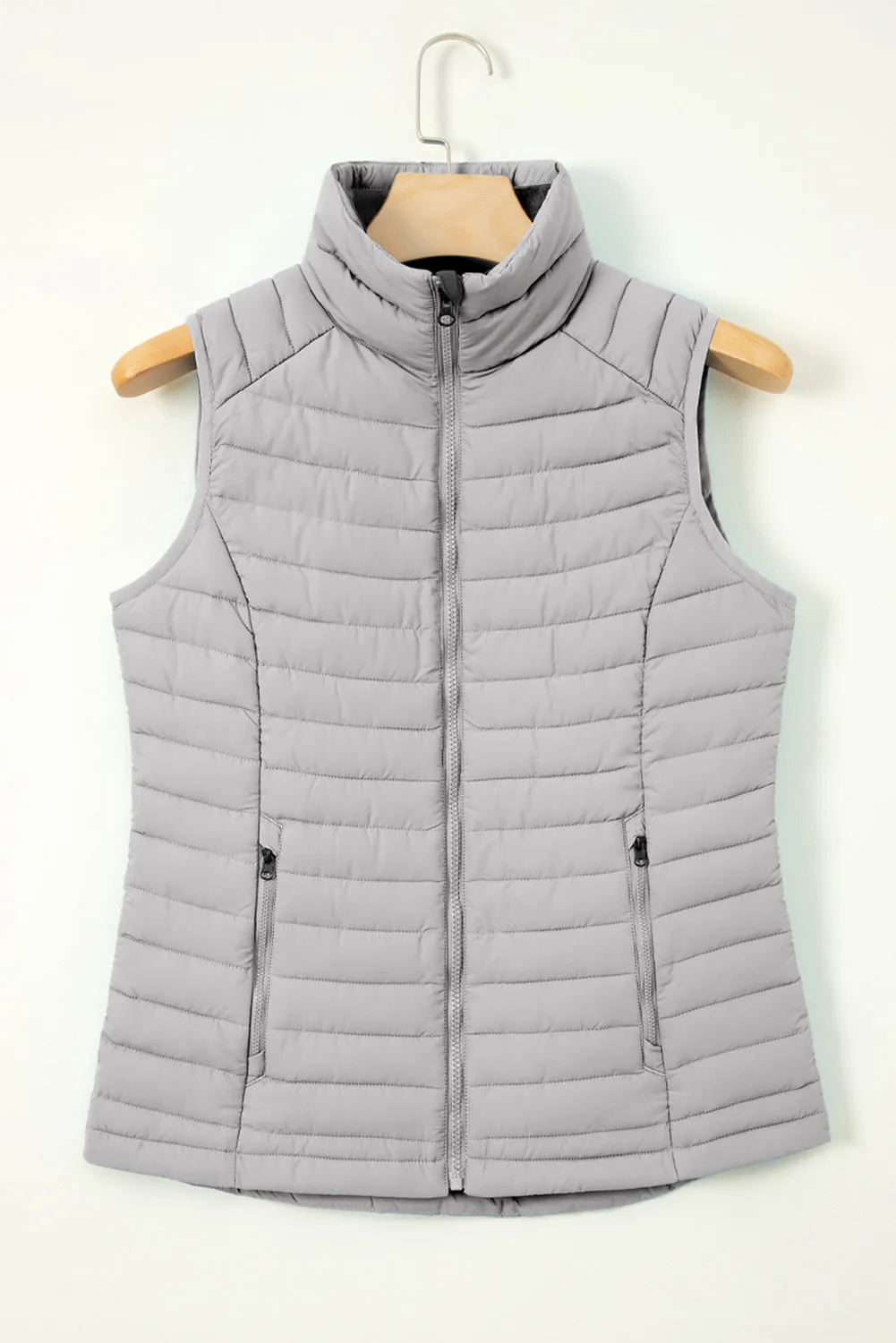 Black Plush Collared Quilted Zipped Puffer Vest