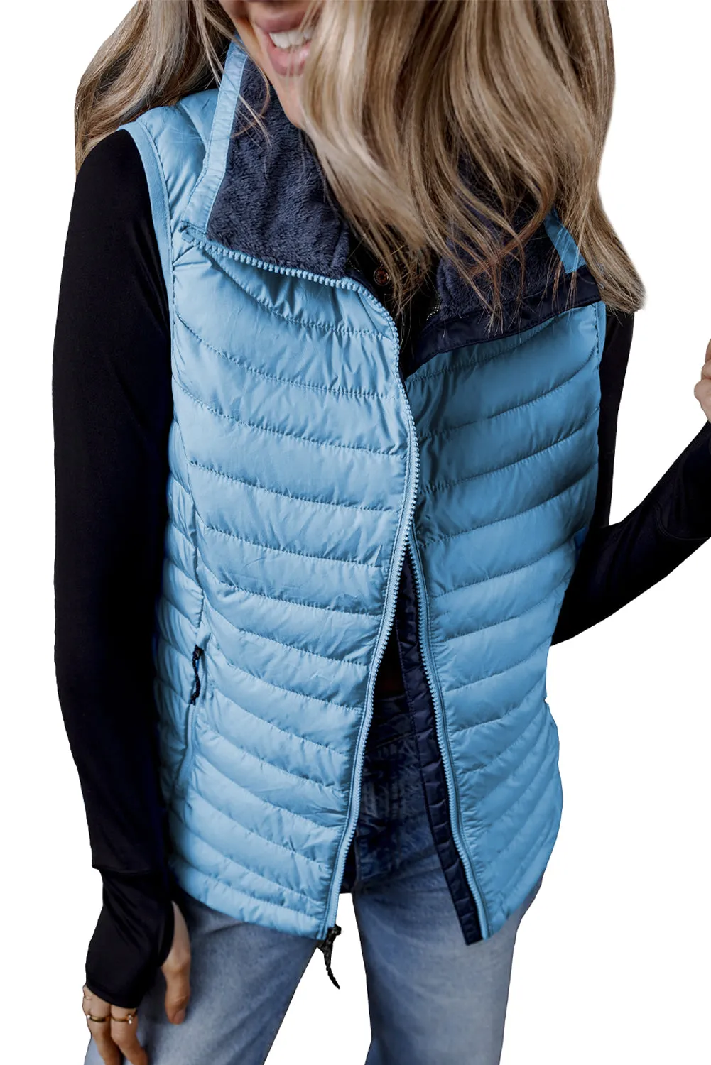 Black Plush Collared Quilted Zipped Puffer Vest