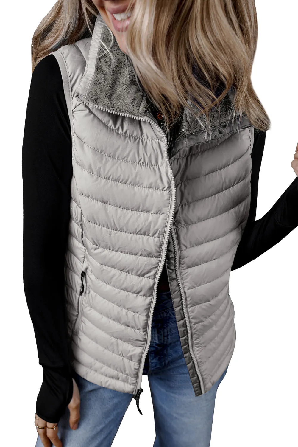 Black Plush Collared Quilted Zipped Puffer Vest