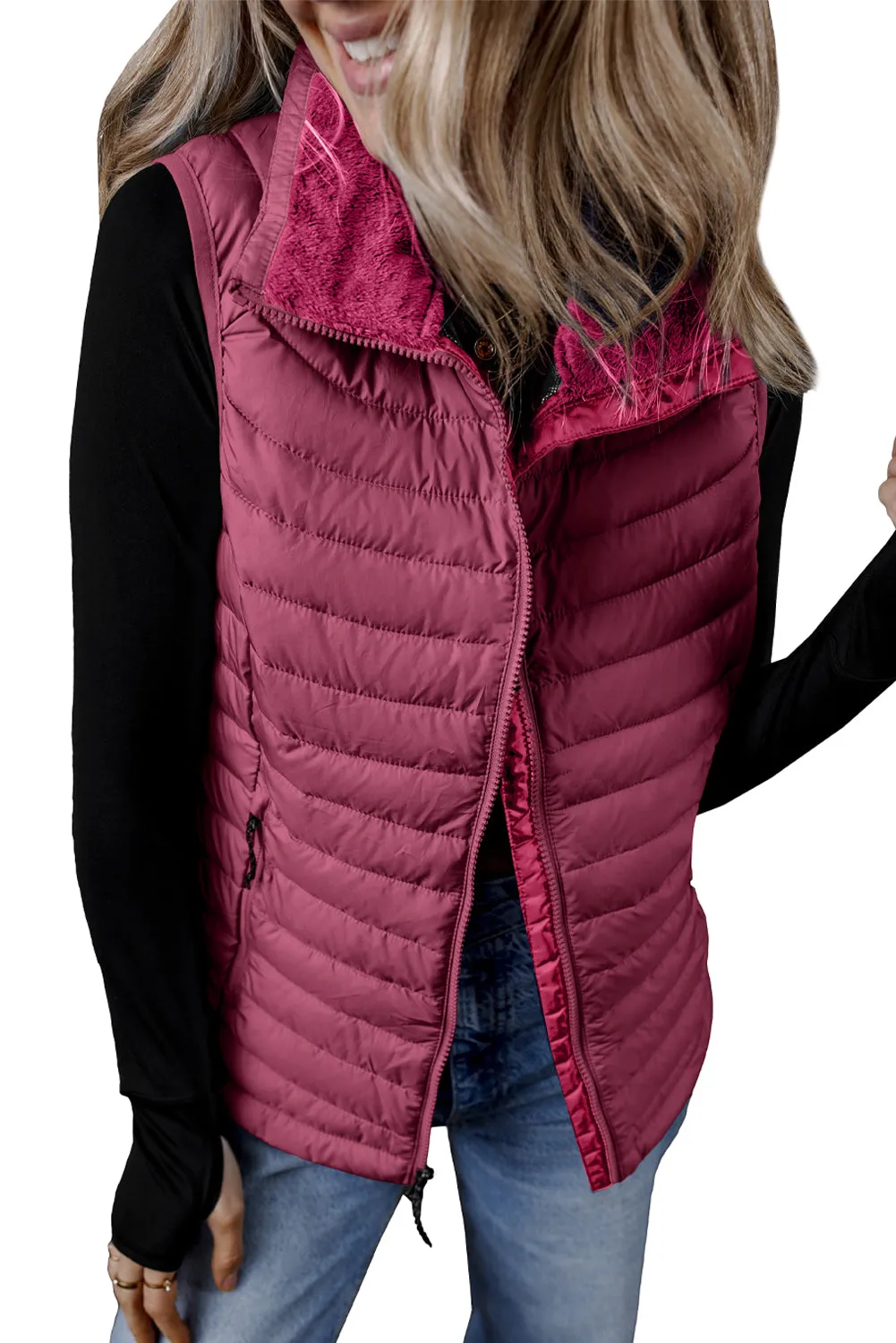 Black Plush Collared Quilted Zipped Puffer Vest